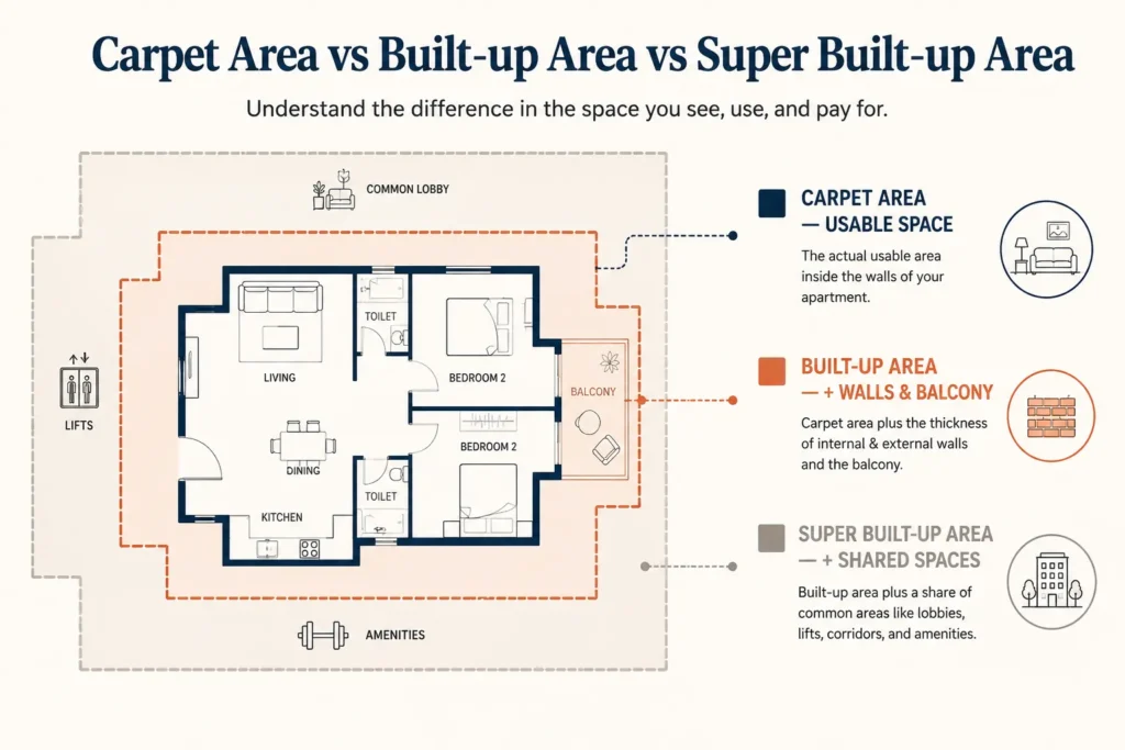 Carpet area vs built-up area compared in a modern apartment